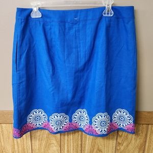 Boden linen cotton wrap blue skirt, embroidered hem, women's 12.